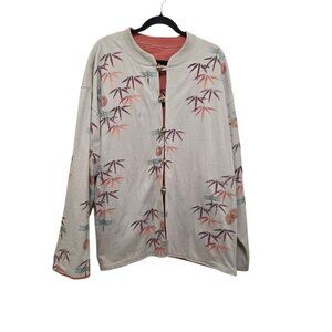 Paint Beige Reversible Jacket Bamboo & Dragonfly Print Unique Button Long Sleeve